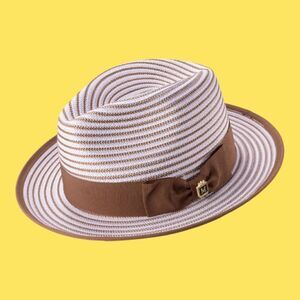 MEN'S  MONTIQUE CAPPUCINO STRIPED FEDORA HAT WITH RIBBON BAND. H90.
